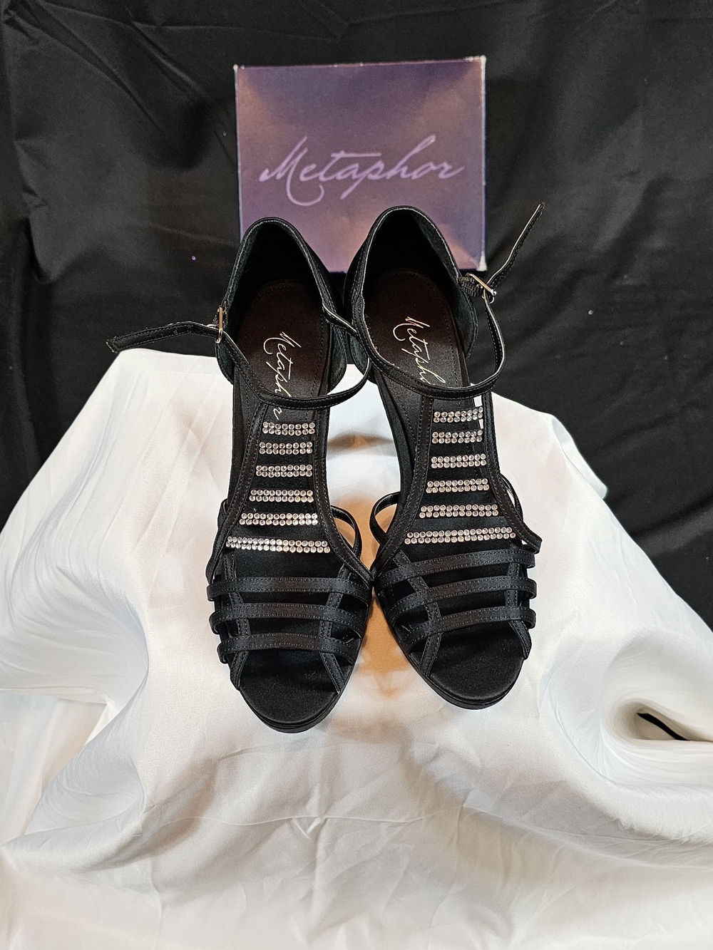 Metaphor Black T-Strap Heeled Sandals with Rhinestone Accents